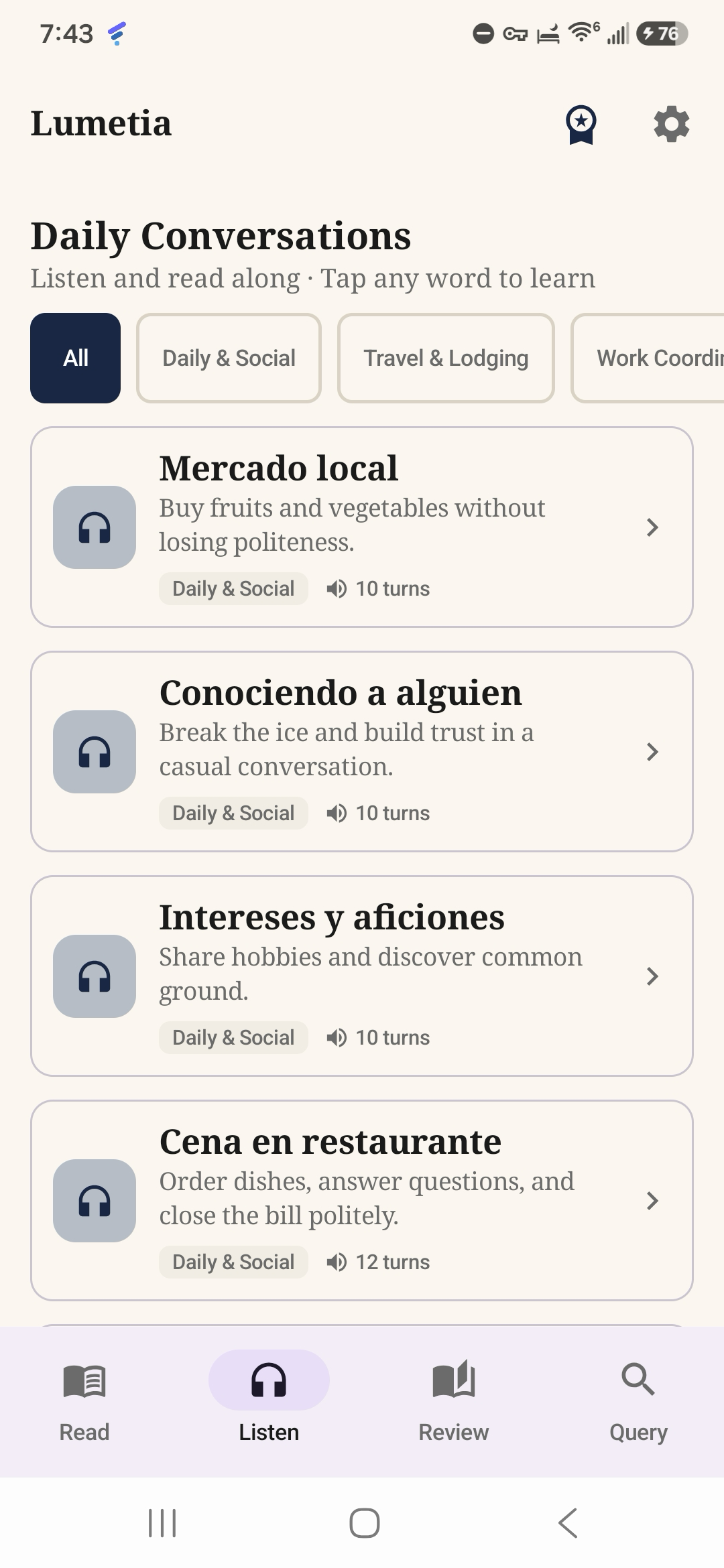 The Listen tab showing Daily Conversations to listen to and read along
