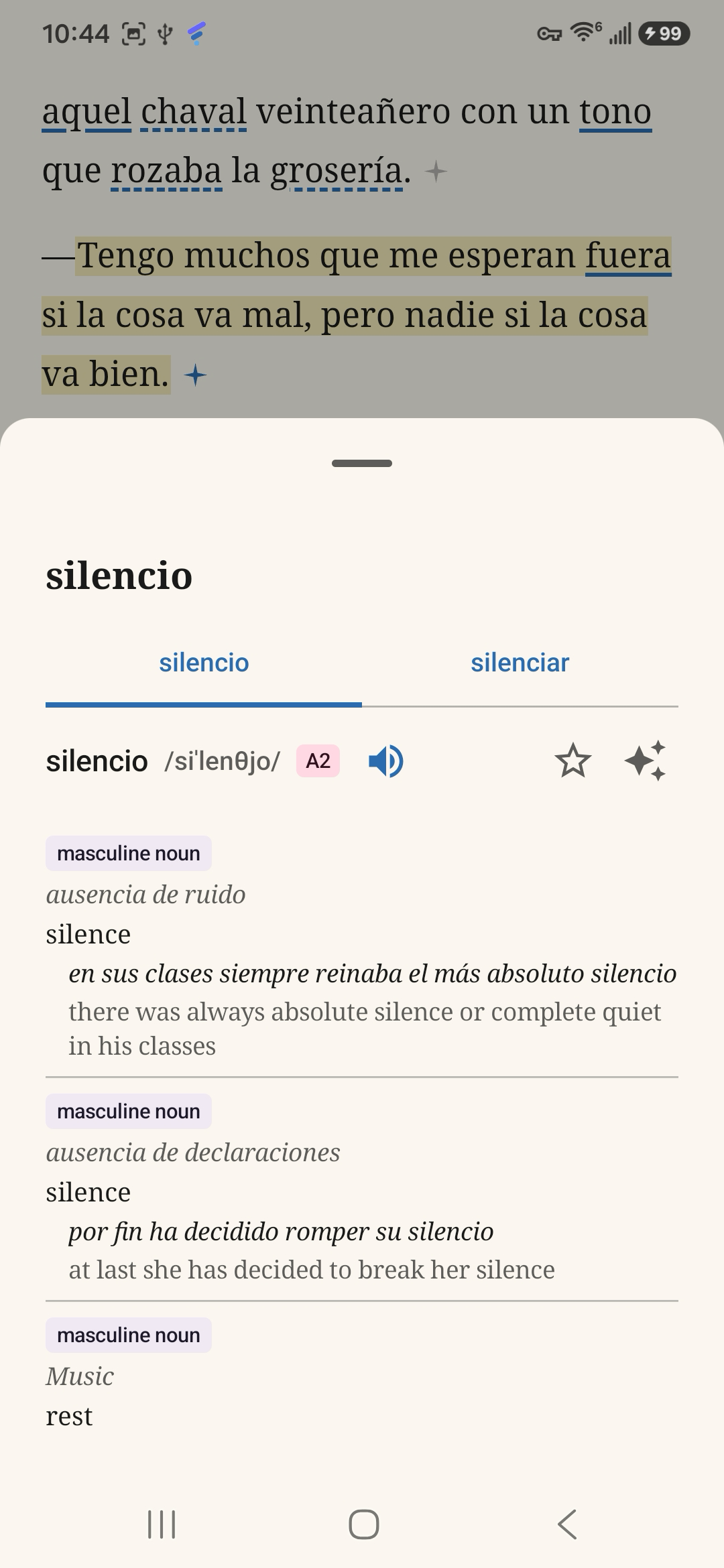 Tapping a word opens an instant dictionary lookup with IPA and audio