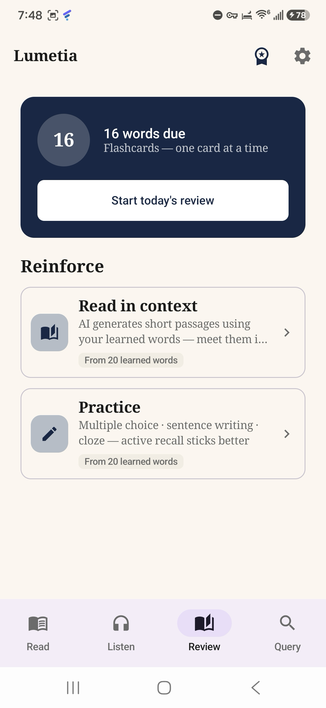 The Review hub showing words due and reinforcement options