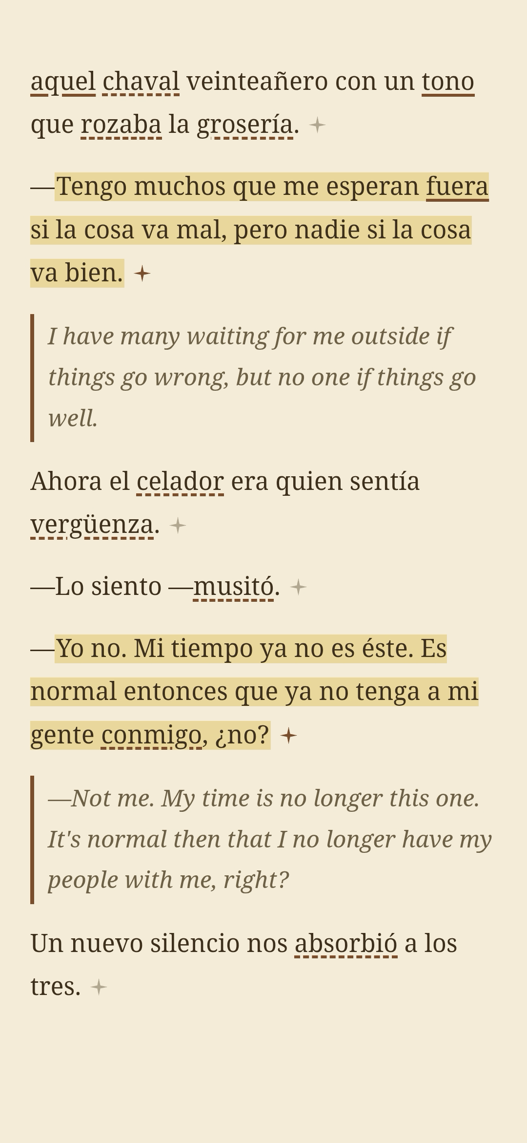 An AI translation shown inline beneath a Spanish paragraph